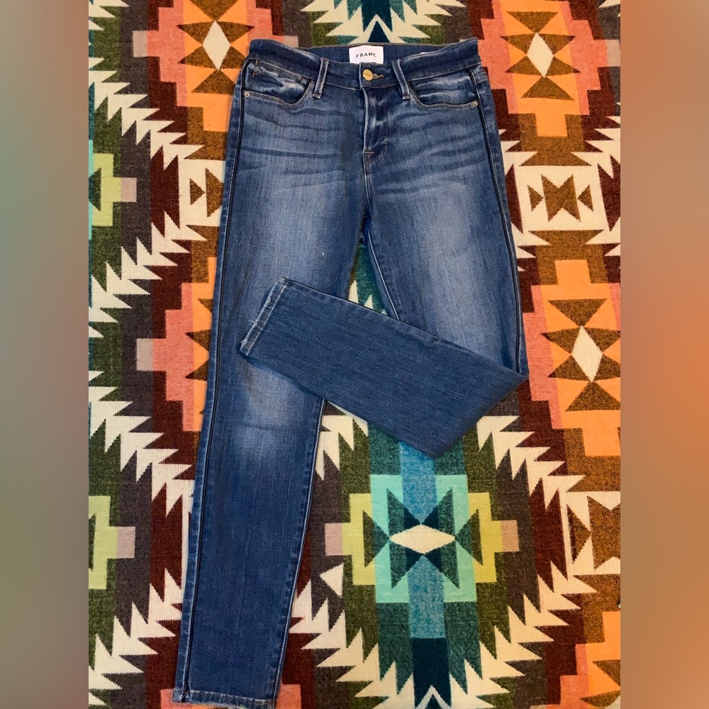 Frame Le High Skinny Women's Jeans with black leather trim